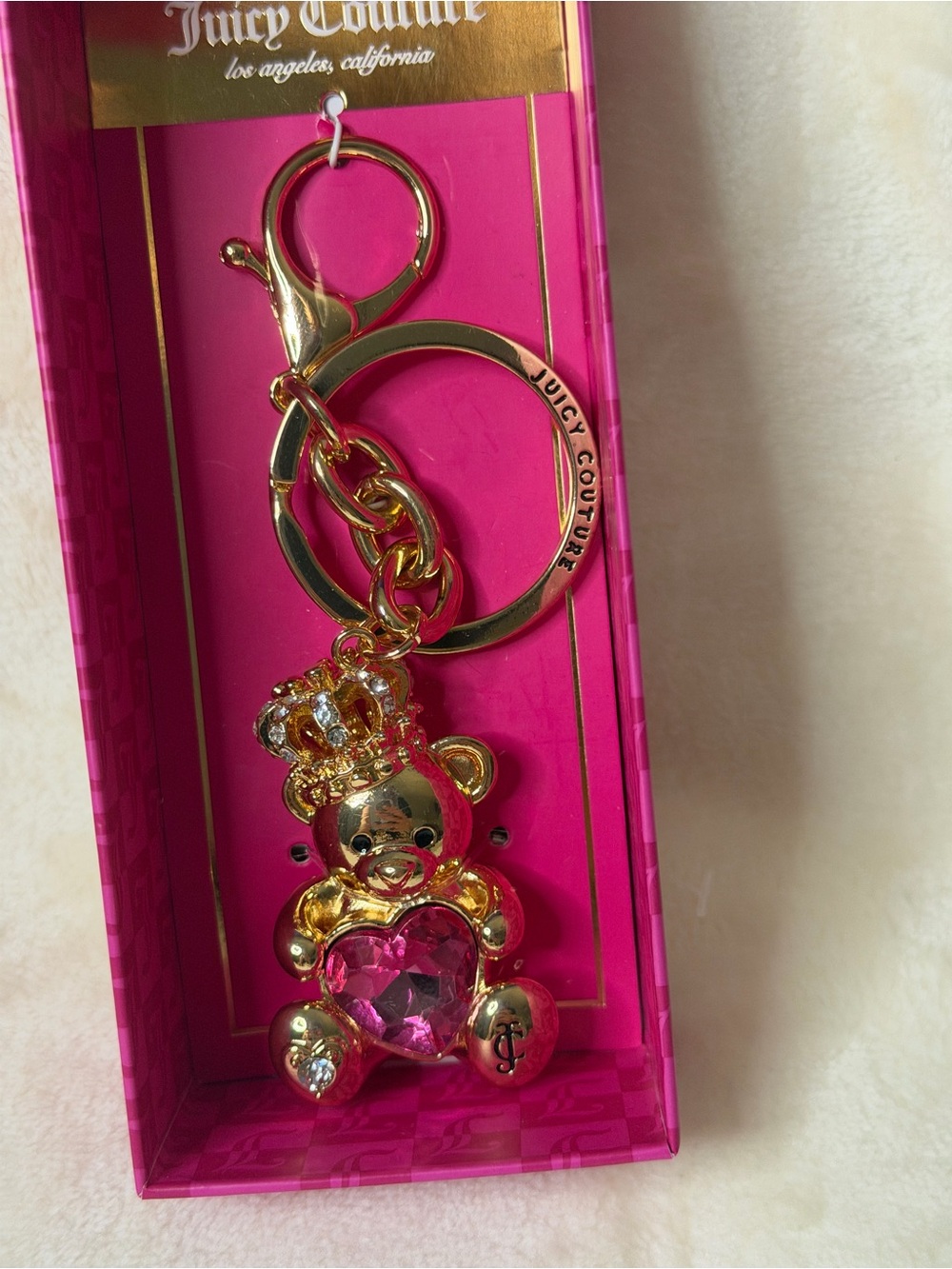 Juicy Couture Gold-tone Teddy Bear Keychain with Pink Heart Crystal